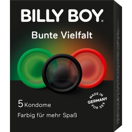 Preservativi Billy Boy colorati in rosso, nero e verde