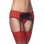 RIMBA - Sexy tanga con reggicalze + calze di pizzo nero e rete rossa finemente coprente