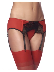 RIMBA - Sexy Thong Suspender Belt + Fine Opaque Red Mesh and Black Lace Stockings