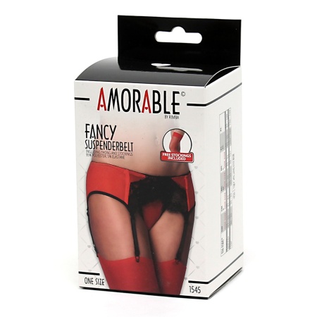 RIMBA - Sexy Thong Suspender Belt + Fine Opaque Red Mesh and Black Lace Stockings