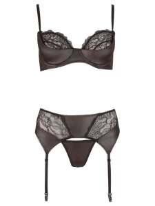 Woman wearing Cottelli 3-piece lingerie set in sensual black with floral lace