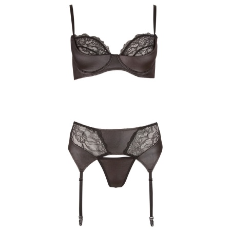 Woman wearing Cottelli 3-piece lingerie set in sensual black with floral lace