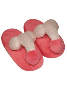 Fun pink plush Orion humour slippers with penis and testicles on top