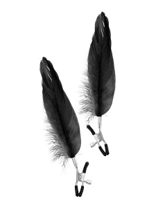 Image of the set of two Sweet Caress breast clamps, adorned with black goose feathers