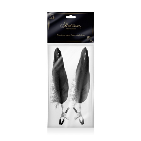 Image of the set of two Sweet Caress breast clamps, adorned with black goose feathers