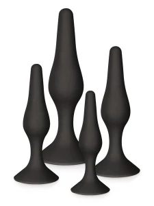 Set mit vier Analplugs aus schwarzem Silikon von der Marke Glamy
