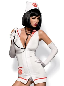 Frau im Sexy Obsessive Krankenschwester-Kostüm mit Zubehör