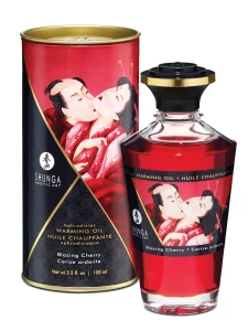 Bottle of Shunga's aphrodisiac warming oil in cherry burst flavour