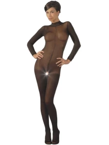 Woman wearing a black Integral Catsuit Jumpsuit by Mandy Mystery
