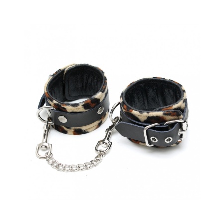 Image of black leather cuffs Leopard design - BDSM product Rimba Bondage Play