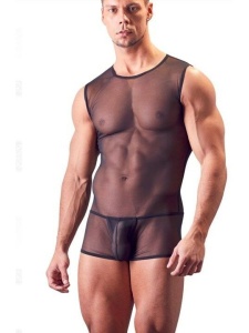 Man wearing a Svenjoyment transparent bodysuit with inflation function