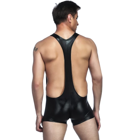 Uomo che indossa un body boxer nero Wetlook di Paris Hollywood