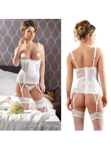 Image de la Guêpière élégante ouverte à la poitrine Cottelli en lycra extensible avec finitions en satin blanc neige et fine dentelle blanche