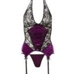 Guêpière en dentelle noire et velours violet de la collection Cottelli