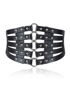 Image of a black leatherette waist belt with silver embossed rivets