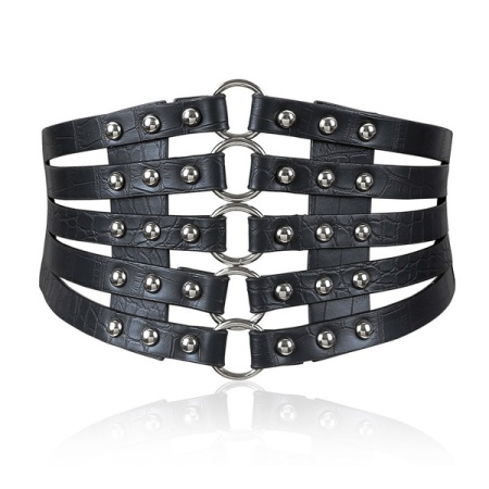 Image of a black leatherette waist belt with silver embossed rivets