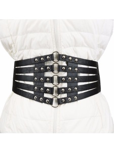 Image d'une ceinture tour de taille en similicuir noir avec des rivets gaufrés couleur argent
