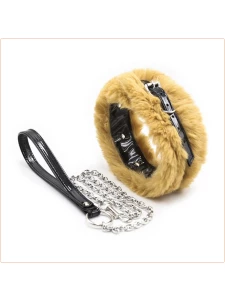 Black and light brown faux fur BDSM necklace and chain
