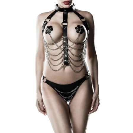 Image du Harnais BDSM 3 pièces Grey Velvet, tenue sexy en cuir synthétique