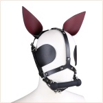 Black leather dog bonnet with mor gag