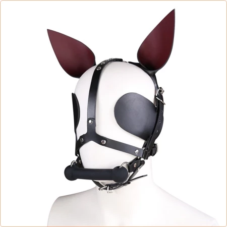 Black leather dog bonnet with mor gag