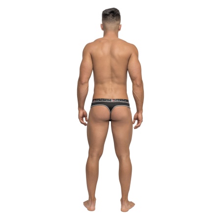 Image of a Reversible Male Power Thong in black and grey polyester