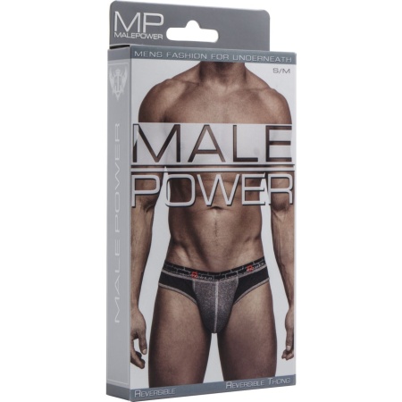 Image of a Reversible Male Power Thong in black and grey polyester