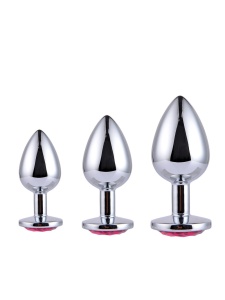 Set of 3 Metal Anal Plugs, silver with light pink stone