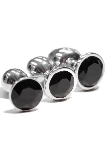 Immagine di un set di plug anali in metallo, set di 3 pezzi, colore argento con pietra nera