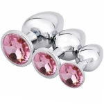 Set di 3 plug anali in metallo, argento con pietra rosa chiaro