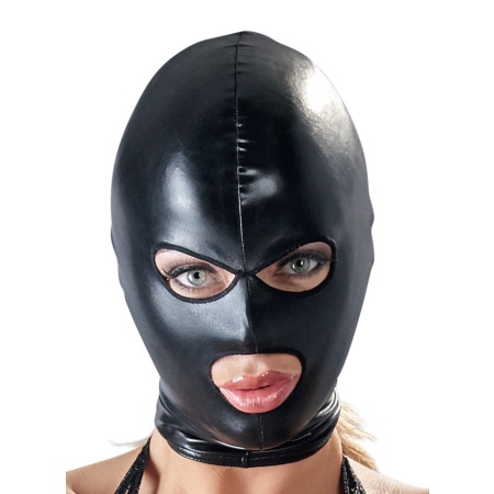 Fitted head mask in shiny wetlook. With open eyes and mouth