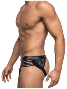 Jockstrap de Luxe en Similicuir Male Power noir avec poche bleu foncé