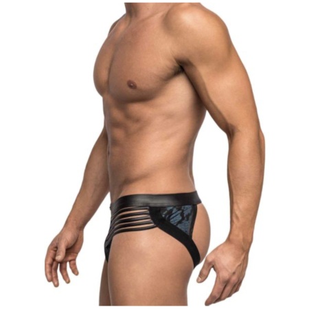 Luxury Similicuir Male Power black jockstrap with dark blue pocket