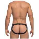 Luxury Similicuir Male Power black jockstrap with dark blue pocket