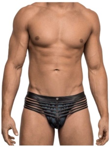 Jockstrap de Luxe en Similicuir Male Power noir avec poche bleu foncé