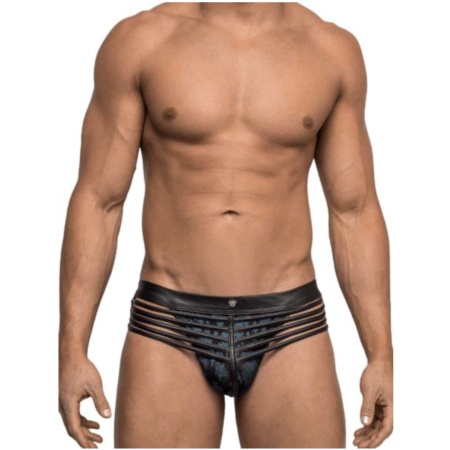 Luxury Similicuir Male Power black jockstrap with dark blue pocket