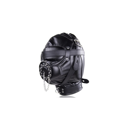 Abbildung von BDSM-Zubehör: Maskenhaube mit Sinneseindrücken, schwarzes Kunstleder