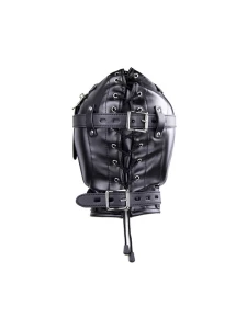 Abbildung von BDSM-Zubehör: Maskenhaube mit Sinneseindrücken, schwarzes Kunstleder