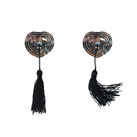 Product image Nipples Gipsy Silver by Lola, heart-shaped erotic accessories with silver glitter and tassels.