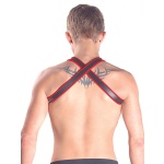 Abbildung von Mister B's X-Back Harness aus rotem Leder, Premium BDSM Zubehör