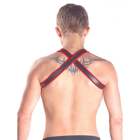 Abbildung von Mister B's X-Back Harness aus rotem Leder, Premium BDSM Zubehör