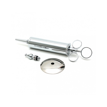 Image of the Rimba BDSM Hygiene Syringe, chrome-plated metal accessory with two tips