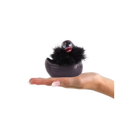 Abbildung des Vibrators Ente Paris 2.0 von Big Teaze Toys, schwarzes Sextoy mit blauer Oberfläche bedeckt mit Herzen und rosa Küssen.
