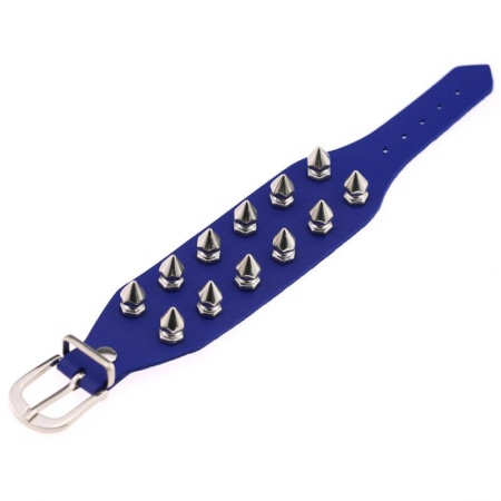 Blue vegan leather BDSM bracelet with studs, adjustable