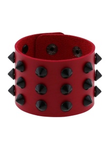 Image of the Red Leather Vegan Studded BDSM Bracelet, an elegant and daring BDSM accessory