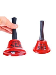 Red metal bell with 'Ring for Sex' print, produced by Ozzé
