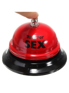 Red Ozzé reception bell with 'Ring for Sex' inscription
