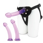 Lux Fetish set with three progressively sized dildos and purple harness