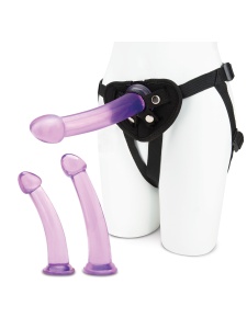 Lux Fetish set with three progressively sized dildos and purple harness