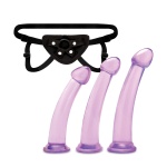 Lux Fetish Set mit drei Dildos in progressiven Größen und violettem Harness